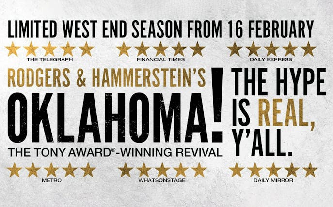 Promotional poster for Rodgers & Hammerstein's Oklahoma! West End revival, starting February 16.