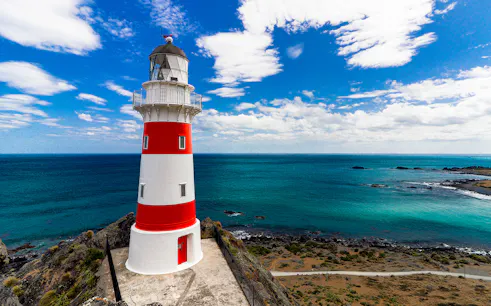 Cape Palliser Lighthouse overlooking the ocean on a clear day, part of the Wellington tour.