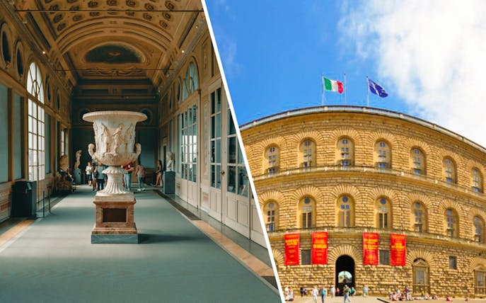 Uffizi Gallery interior and Pitti Palace exterior in Florence, Italy.