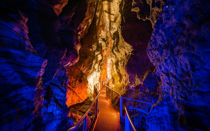Walkway through illuminated Ruakuri Cave, New Zealand, showcasing rock formations.