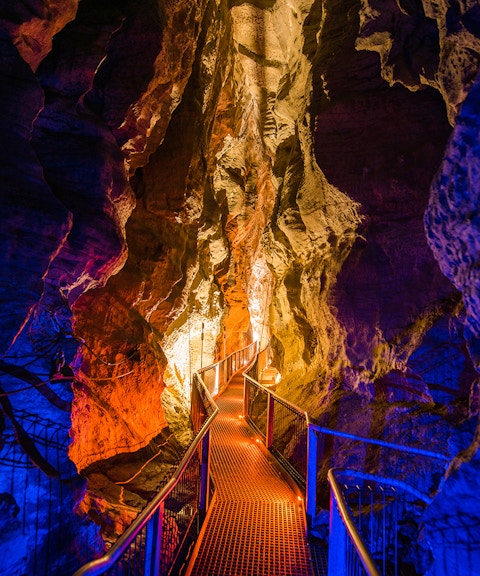 Walkway through illuminated Ruakuri Cave, New Zealand, showcasing rock formations.