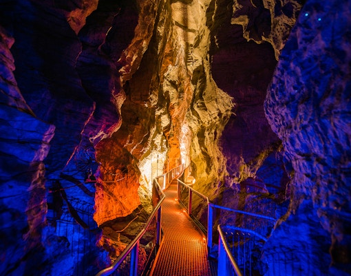 Walkway through illuminated Ruakuri Cave, New Zealand, showcasing rock formations.