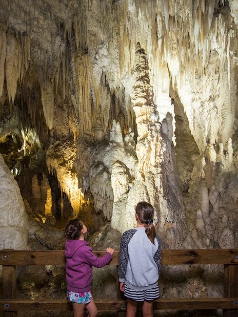 Visitors exploring stalactites and stalagmites in Aranui Cave during a guided tour.