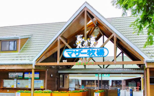 Entrance to Mother Farm with cartoon cow sign, Japan.