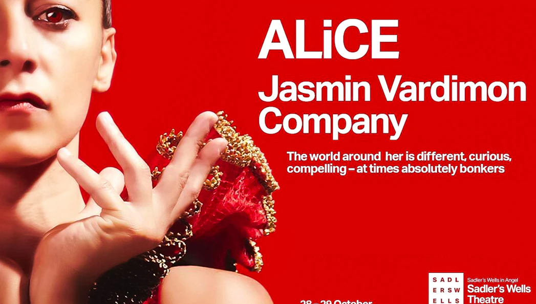Jasmin Vardimon Company ALiCE performance poster with red background.