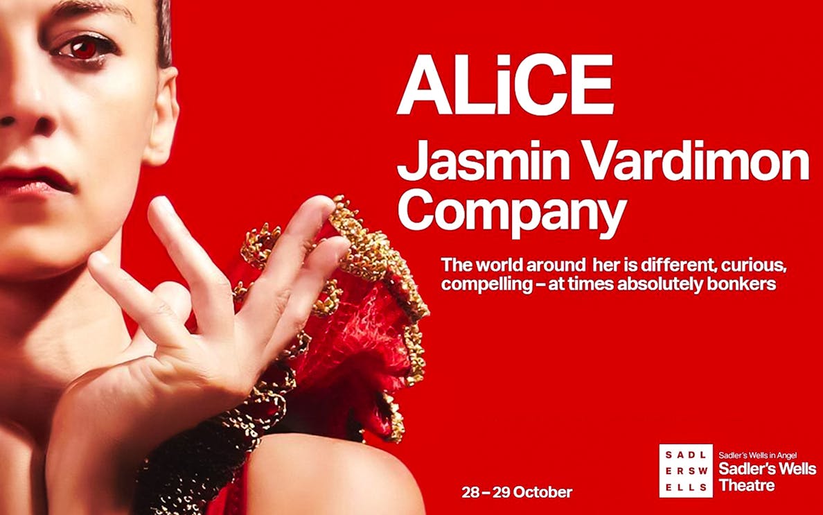 Jasmin Vardimon Company ALiCE performance poster with red background.