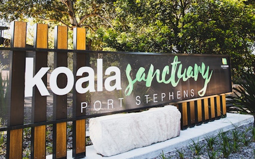 Port Stephens Koala Sanctuary entrance sign surrounded by trees.
