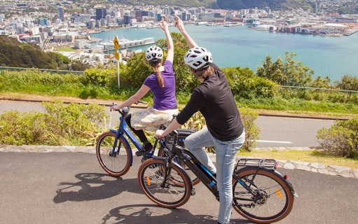 Two cyclists on e-bikes overlooking Wellington city and harbor.