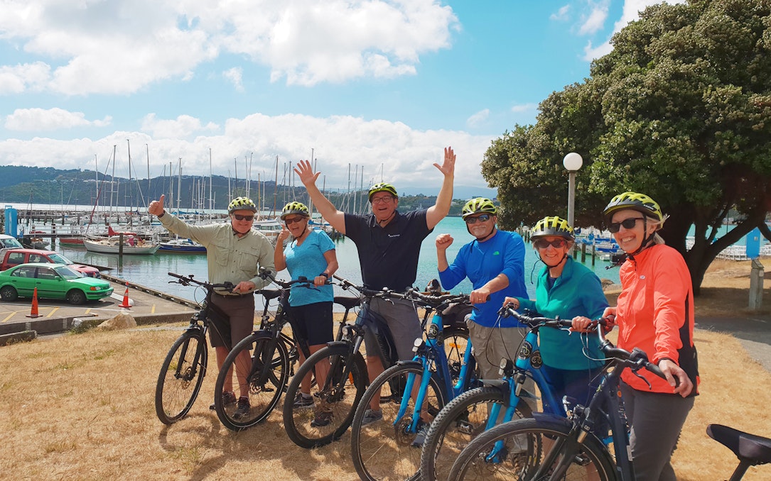 Group of cyclists on e-bikes by Wellington harbor during Electric Bays tour.