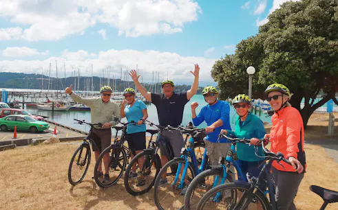 Group of cyclists on e-bikes by Wellington harbor during Electric Bays tour.
