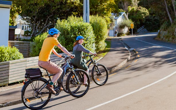 Two people riding e-bikes on a scenic road in Wellington during a guided tour.