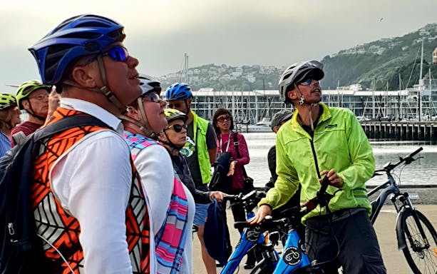 Group of cyclists on Wellington waterfront during guided bike tour.