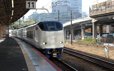 JR Haruka Kansai Airport Express train at a station platform in Japan.