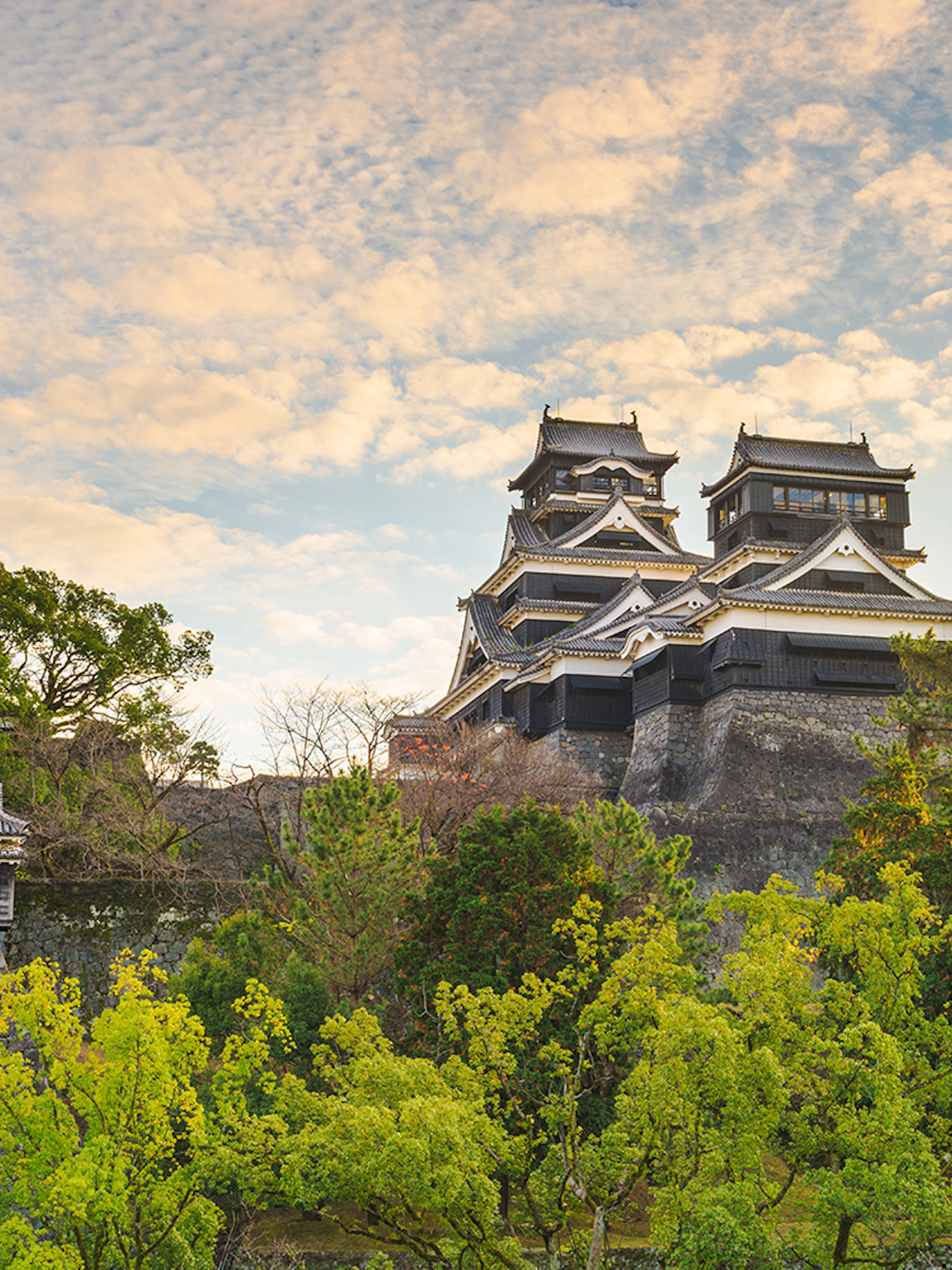 Kumamoto Castle surrounded by lush greenery under a cloudy sky in Southern Kyushu.