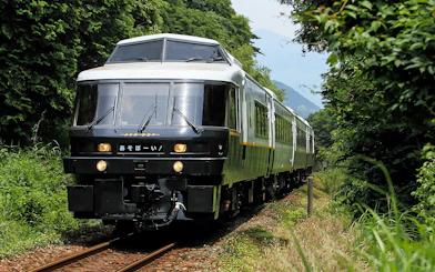 Train traveling through lush greenery in Kyushu, Japan, associated with JR North Kyushu Rail Pass.
