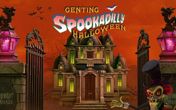 Gothic mansion with glowing windows at Genting Spookadilly Halloween in Skytropolis.