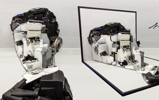 Illusion Art Museum Prague exhibit of a face sculpture made from electronic parts.