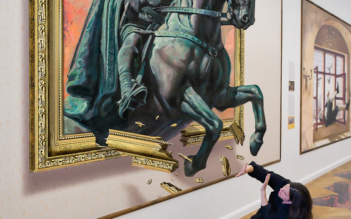 Horse sculpture illusion at Illusion Art Museum Prague with visitor interacting.