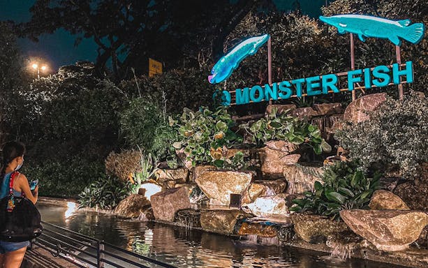Visitor at night near Monster Fish sign at 99 Wonderland Park