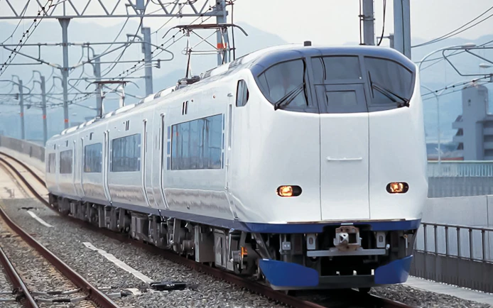 Train on tracks in Okayama-Hiroshima-Yamaguchi area, Japan.
