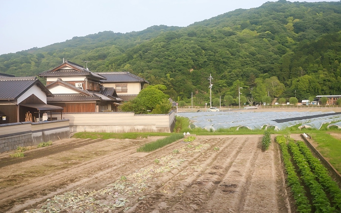 Traditional Japanese houses and farmland in Okayama, Japan, with lush green hills in the background.