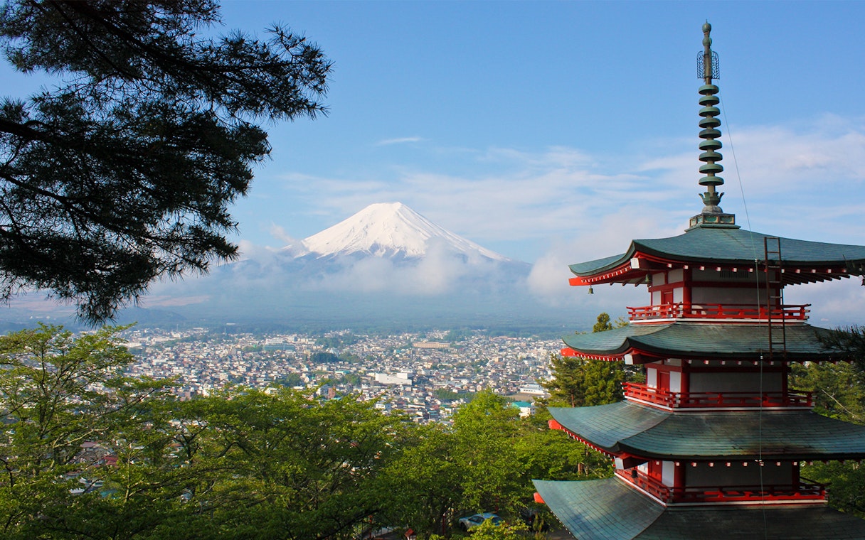 Pagoda with Mount Fuji in the background, view from Chureito Pagoda, Japan.