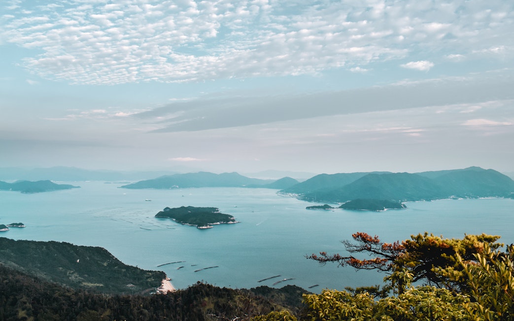 Hiroshima Seto Inland Sea view with islands and distant mountains.