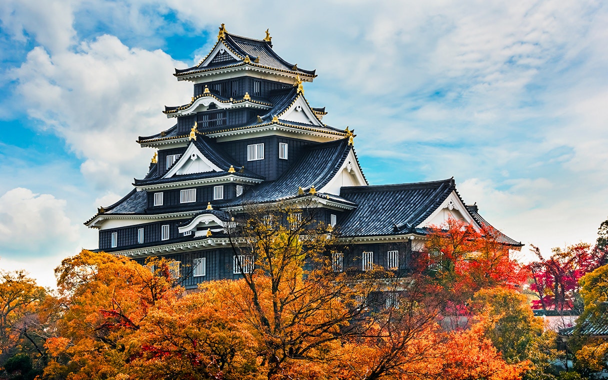 Okayama Castle surrounded by autumn foliage, Japan.