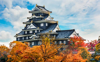 Okayama Castle surrounded by autumn foliage, Japan.
