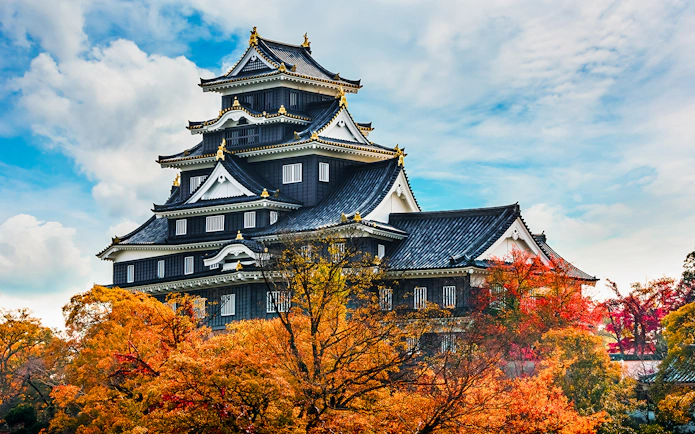 Okayama Castle surrounded by autumn foliage, Japan.
