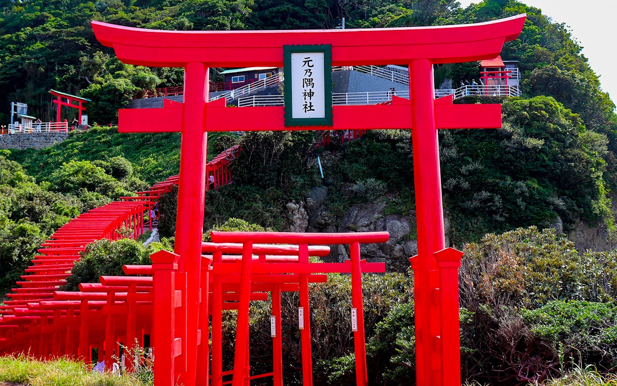 Red torii gates at Motonosumi Shrine, Yamaguchi, Japan, part of the 7 Day JR Setouchi Area Pass tour.