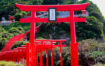 Red torii gates at Motonosumi Shrine, Yamaguchi, Japan, part of the 7 Day JR Setouchi Area Pass tour.