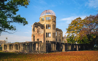 Hiroshima Peace Memorial, Japan, with autumn leaves, part of 7 Day JR Setouchi Area Pass.