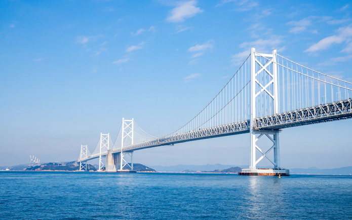 Seto Ohashi Bridge spanning over the Seto Inland Sea, Japan, part of the 7 Day JR Setouchi Area Pass.