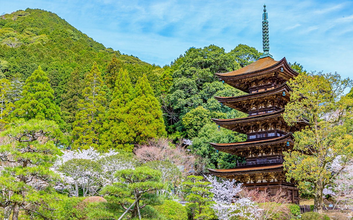 Pagoda surrounded by lush greenery and cherry blossoms in Setouchi, Japan.