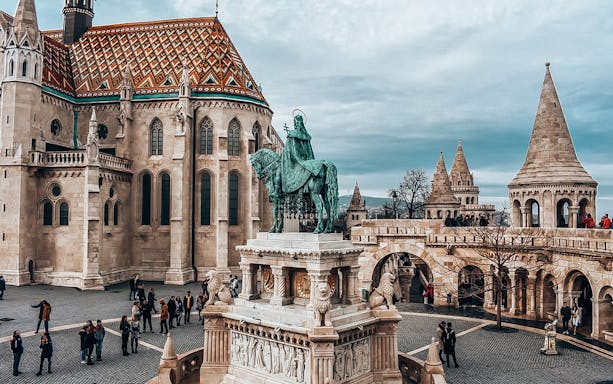 Fisherman's Bastion and Matthias Church in Budapest during a guided bus tour.