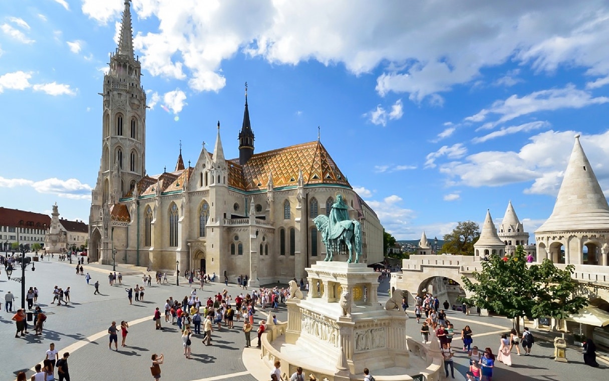 Matthias Church and Fisherman's Bastion during a guided bus tour in Budapest.