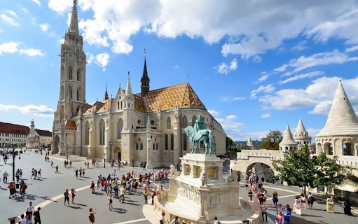Matthias Church and Fisherman's Bastion during a guided bus tour in Budapest.