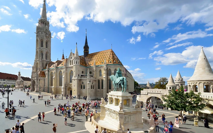 Matthias Church and Fisherman's Bastion during a guided bus tour in Budapest.