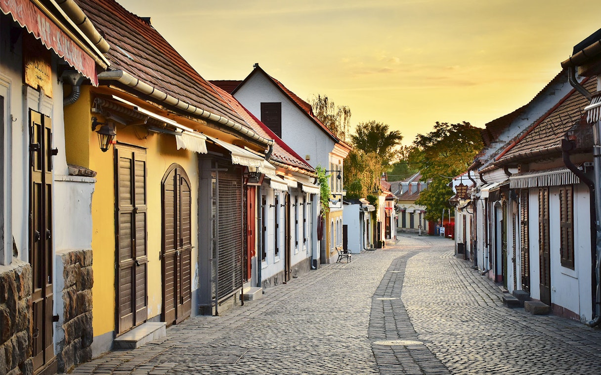 Cobblestone street lined with colorful buildings in Szentendre, Hungary, during the Artists Village tour.