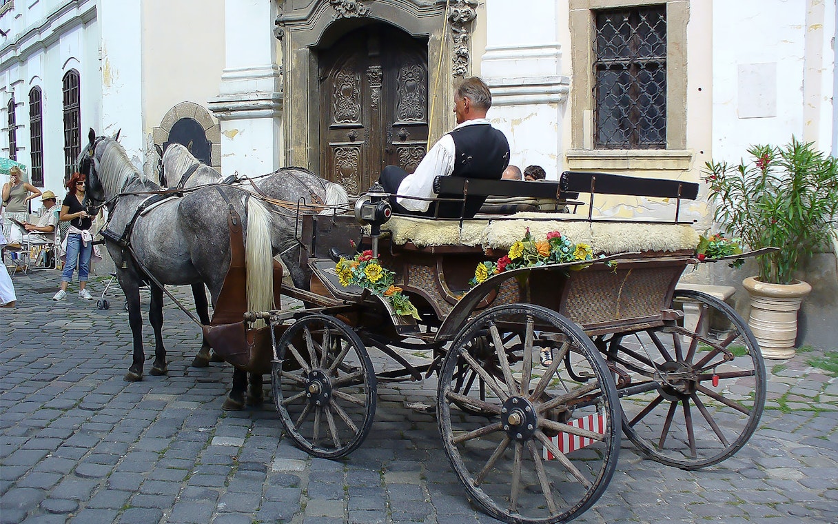 Horse-drawn carriage in Szentendre, Hungary, part of the Artists Village tour from Budapest.