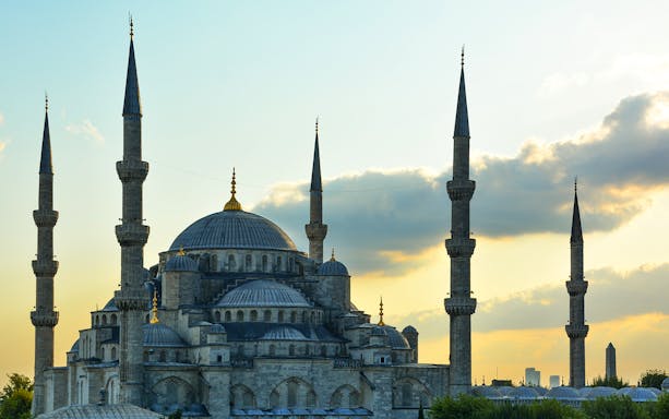 Blue Mosque at sunset with minarets, Istanbul, Turkey.