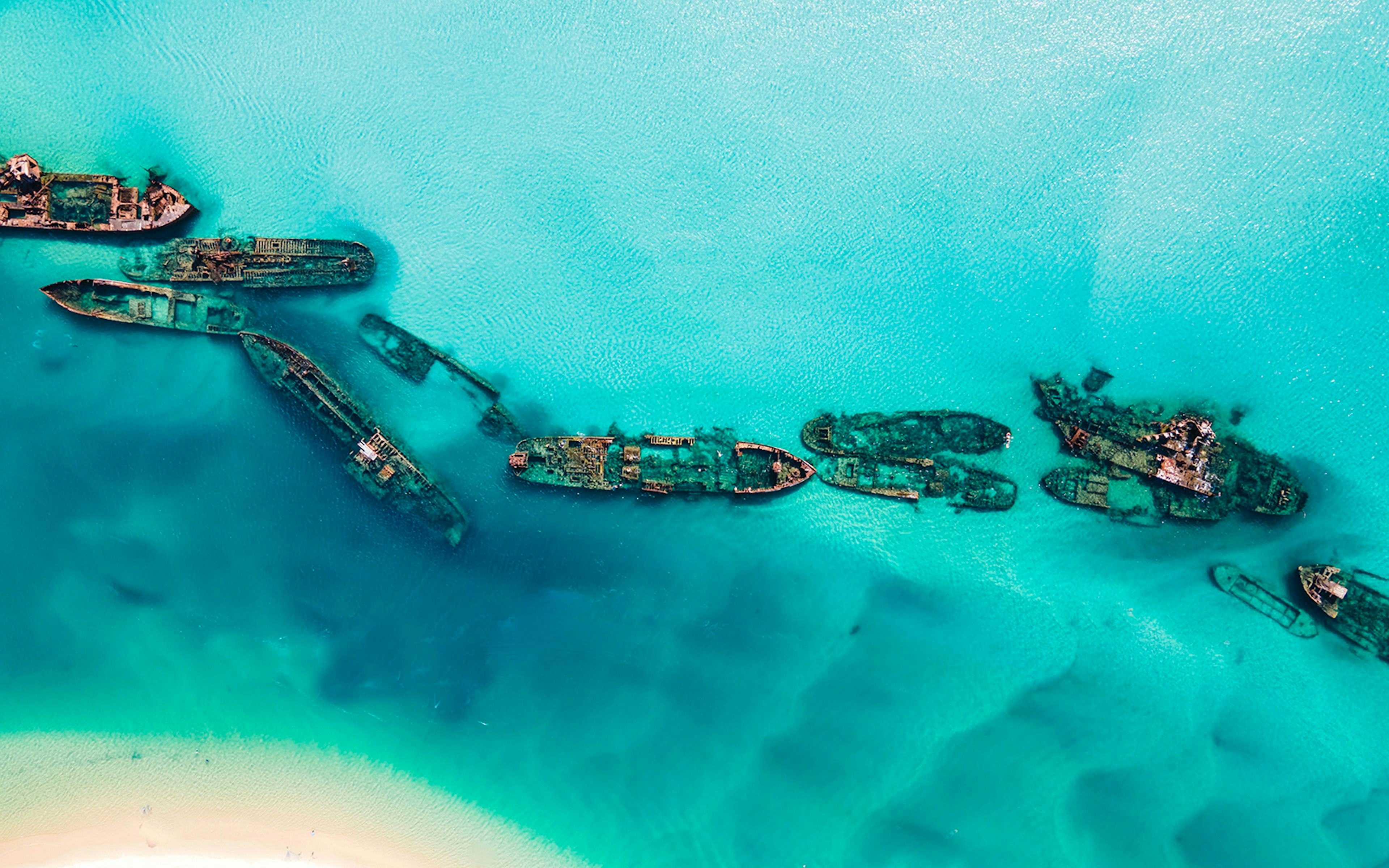 Shipwrecks in clear water on Moreton Island snorkeling and kayaking tour.