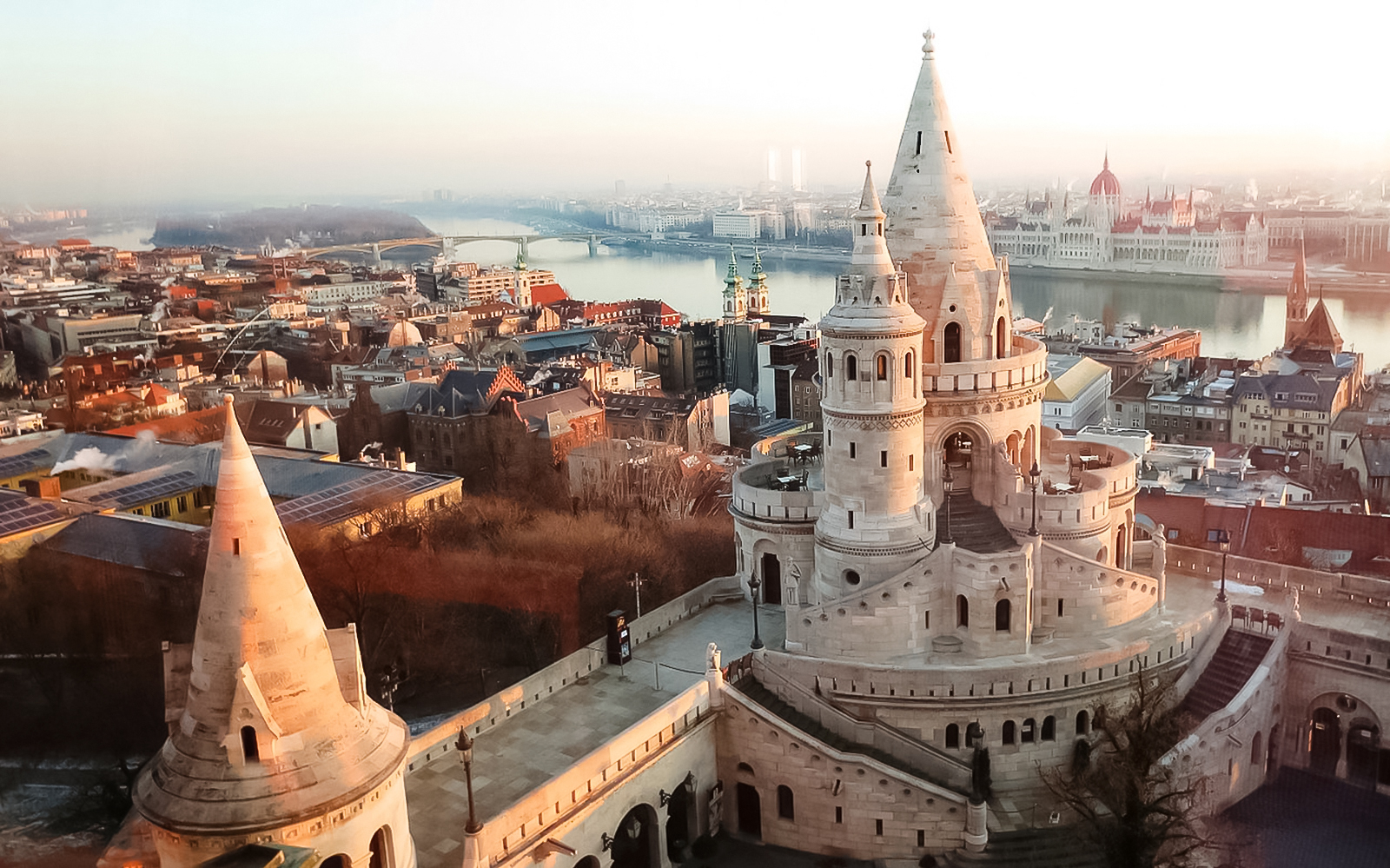 Fisherman's Bastion overlooking Budapest and the Danube River during a guided tour.
