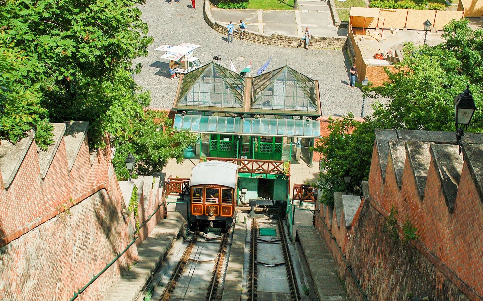 Funicular railway at Buda Castle in Budapest, Hungary, descending towards the station.