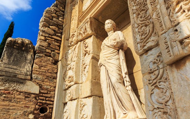 Ancient statue at the Library of Celsus in Ephesus, Turkey.