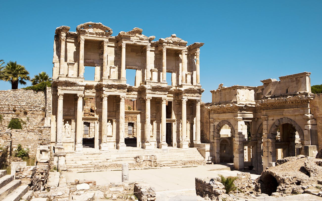 Celsus Library ruins in Ephesus, Turkey, showcasing ancient Roman architecture.