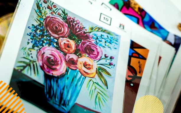 Floral painting on display at FunEmpire art exhibit.
