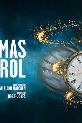 A Christmas Carol production poster with a vintage pocket watch at Rose Theatre.