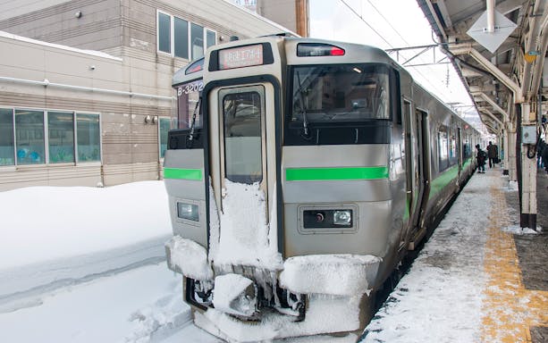 Train at snowy platform in Sapporo, Hokkaido, part of 4 Day Hokkaido Sapporo-Furano Area Pass.